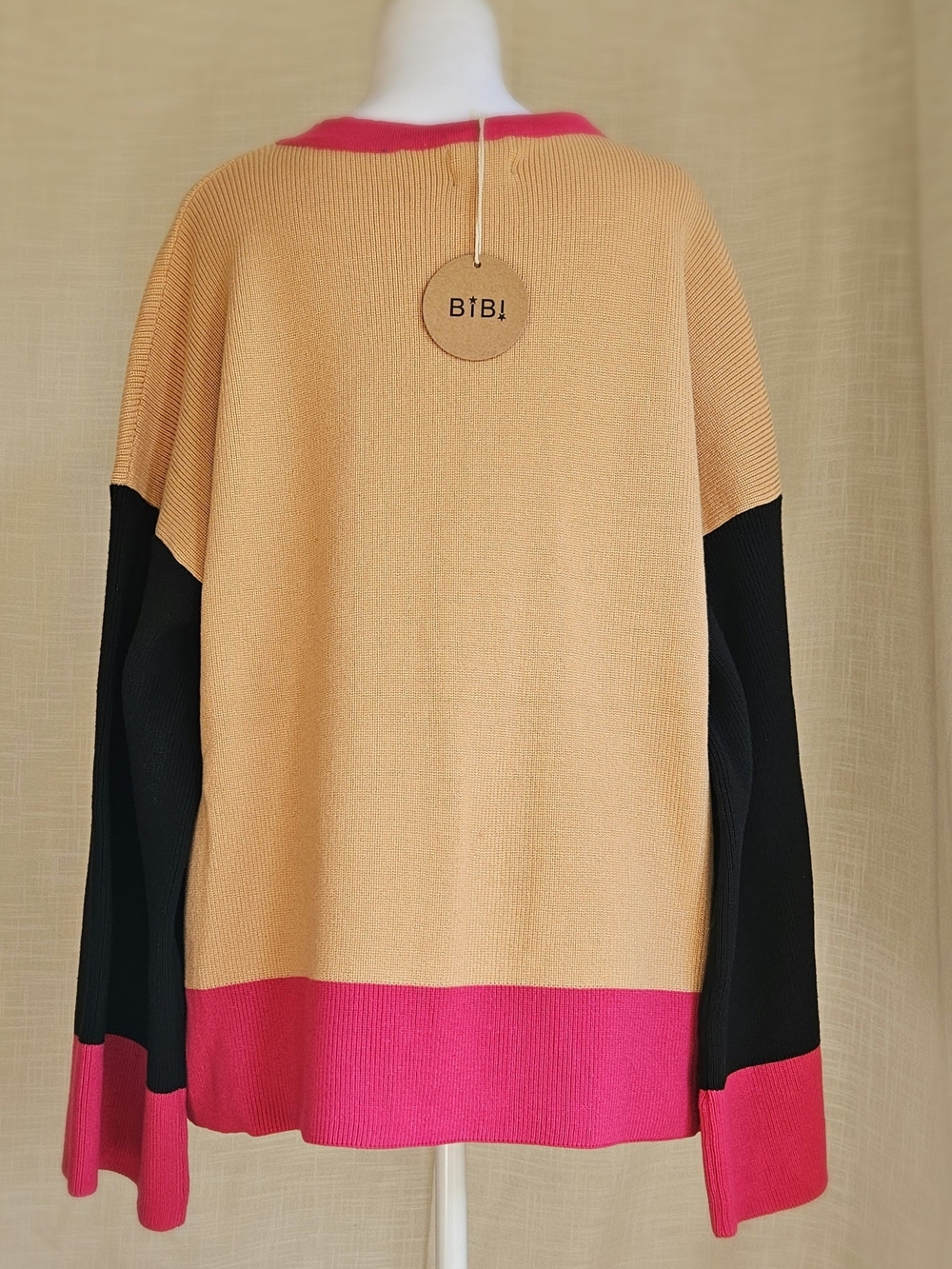 BiBi Colorblock Knit Sweater NWT Medium Tan Pink Black Wool Blend Oversized - Picture 4 of 12